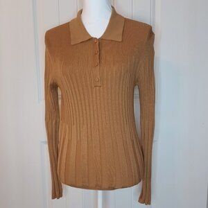 CALVIN KLEIN LONG SLEEVE BUTTON FRONT RIBBED POLO TOP